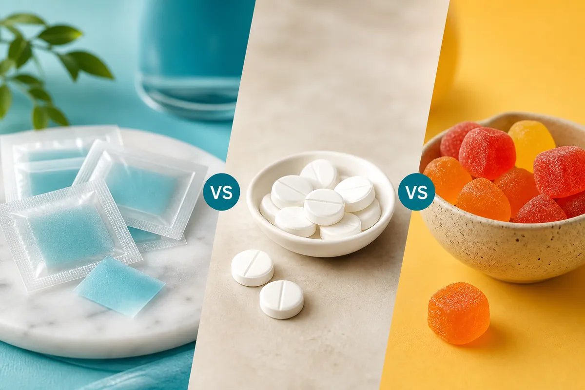 ODF strips compared with tablets and gummies