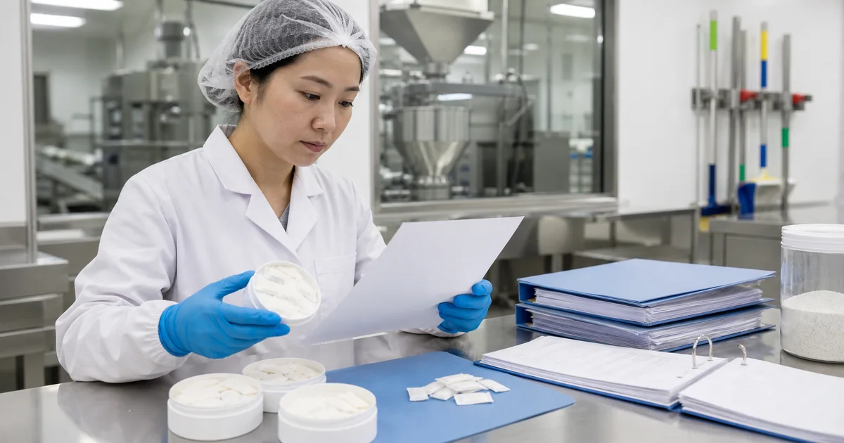 Quality assurance specialist reviewing allergen controls for nicotine-free oral pouch manufacturing