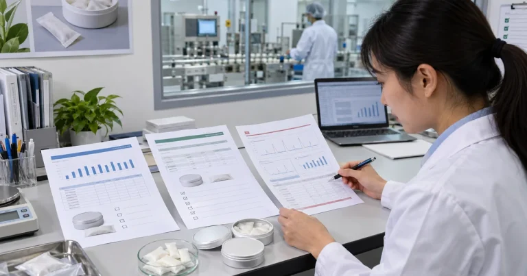 Quality assurance manager comparing an oral pouch COA, product specification and laboratory report