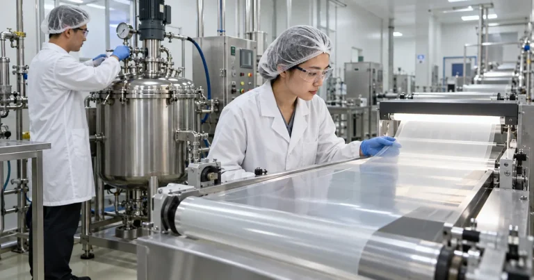 East Asian ODF process engineers inspecting a bubble-free oral film casting web and vacuum mixing vessel