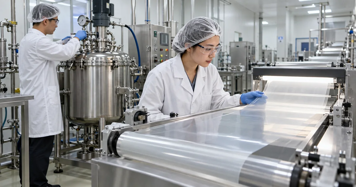 East Asian ODF process engineers inspecting a bubble-free oral film casting web and vacuum mixing vessel