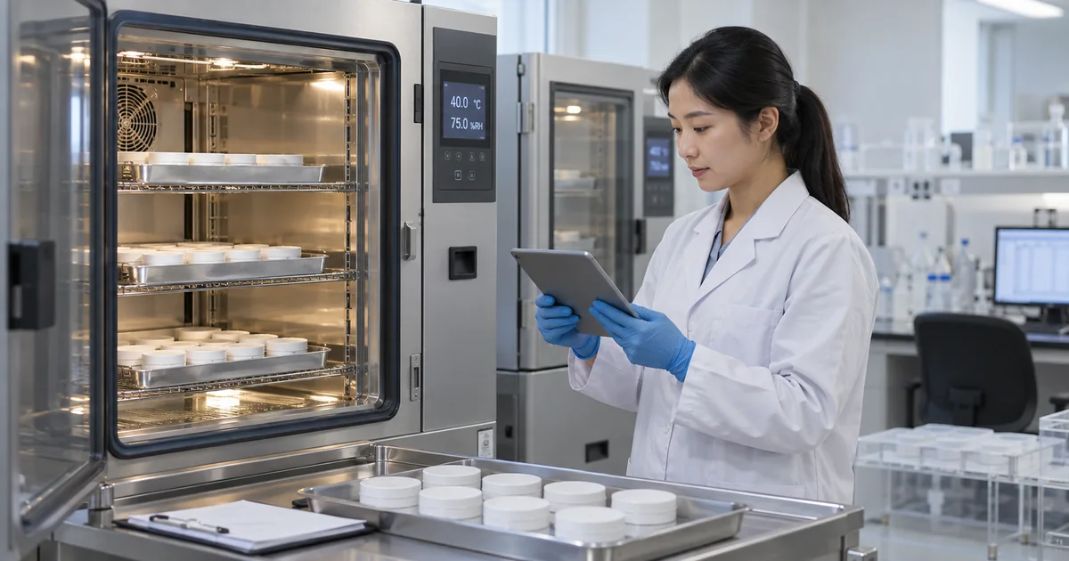 Quality scientist reviewing nicotine-free oral pouch accelerated stability samples at 40°C and 75% RH