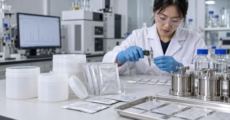 Packaging scientist preparing oral pouch cans and ODF sachets for food-contact migration testing