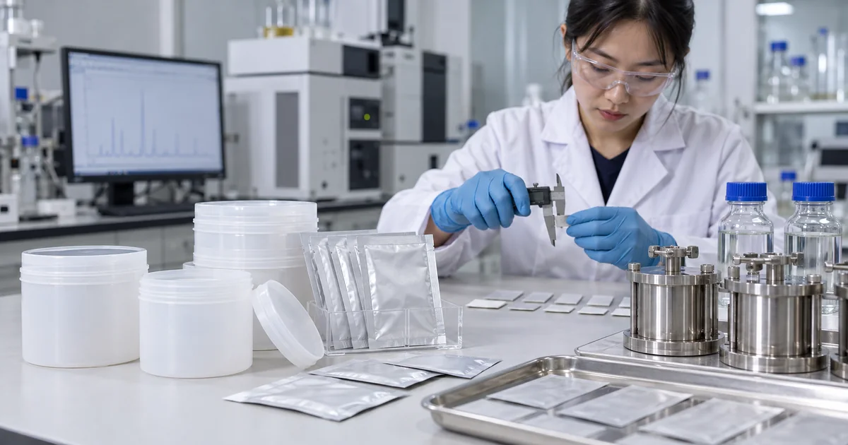 Packaging scientist preparing oral pouch cans and ODF sachets for food-contact migration testing
