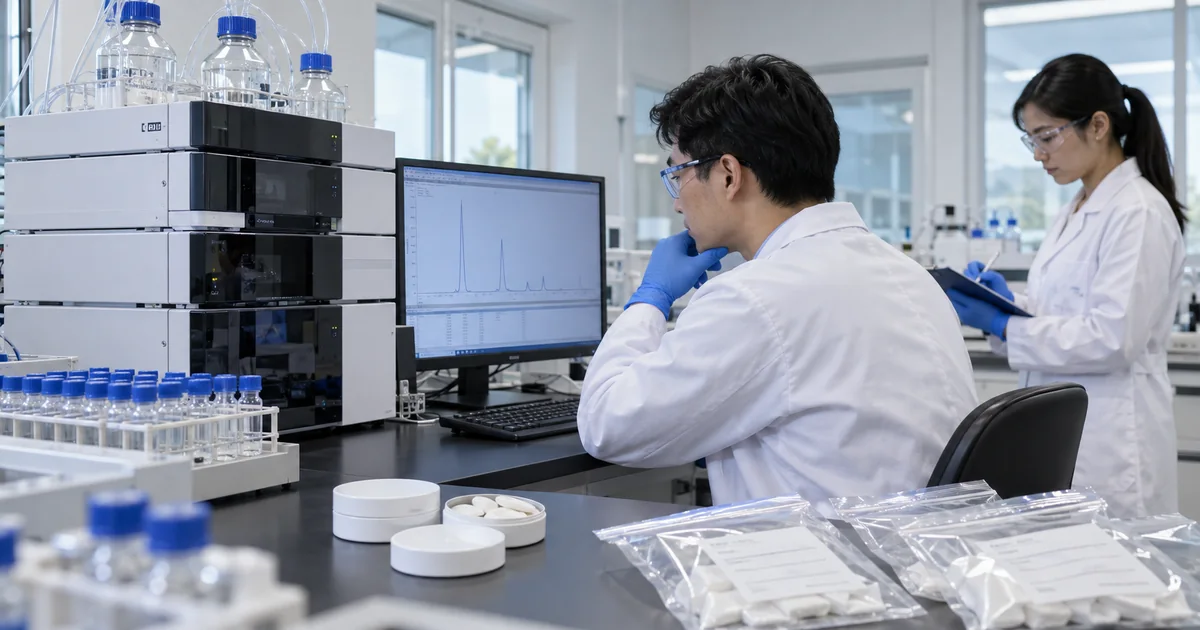 East Asian analytical chemists reviewing HPLC results for third-party caffeine pouch testing
